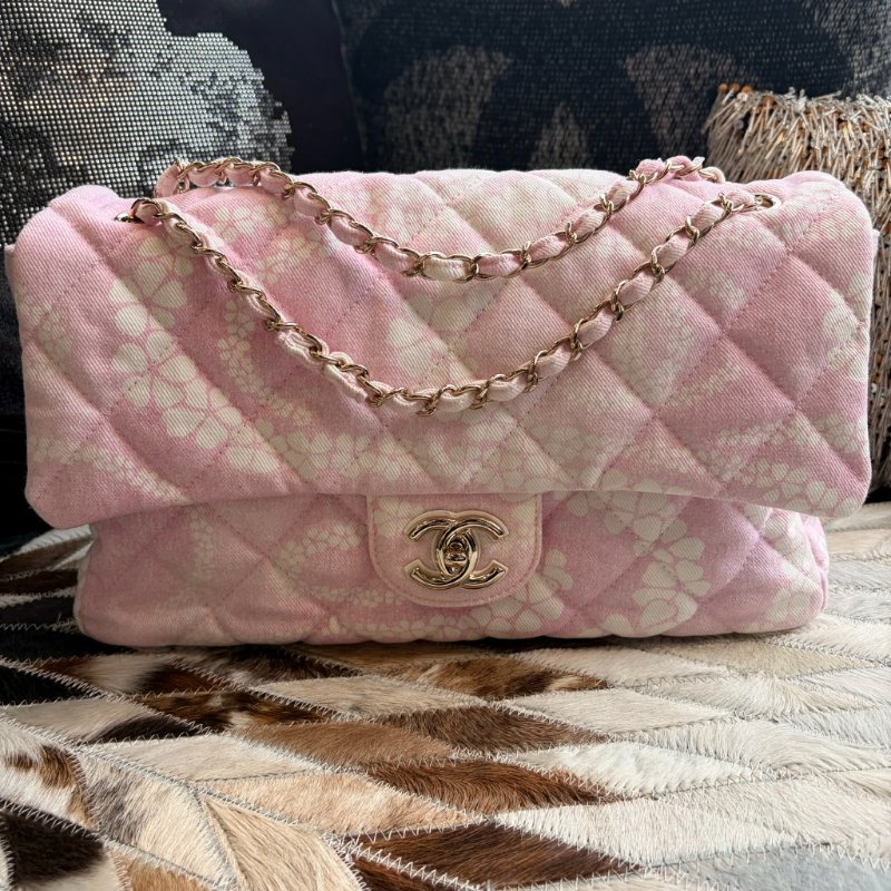 CHANEL 丹寧翻蓋COCO鏈包 粉色 晶片款-0