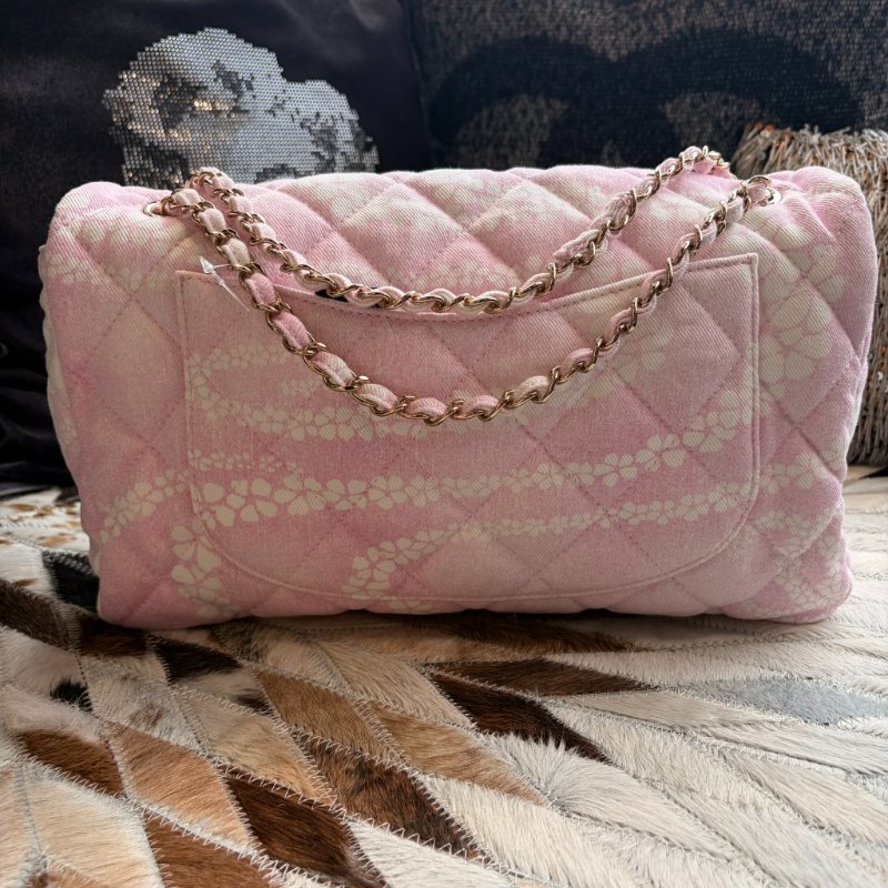 CHANEL 丹寧翻蓋COCO鏈包 粉色 晶片款-1