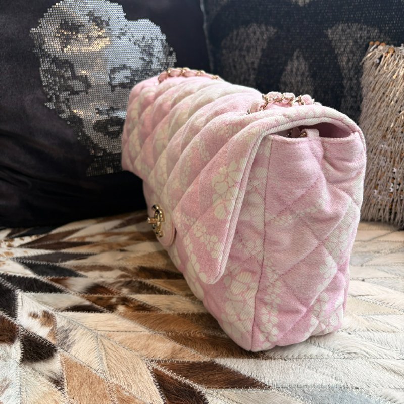 CHANEL 丹寧翻蓋COCO鏈包 粉色 晶片款-2