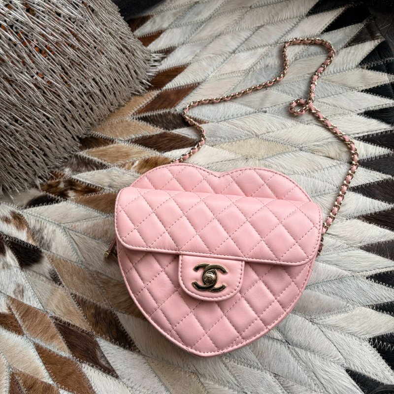 CHANEL 全皮愛心造型鏈包 粉色 晶片款-0