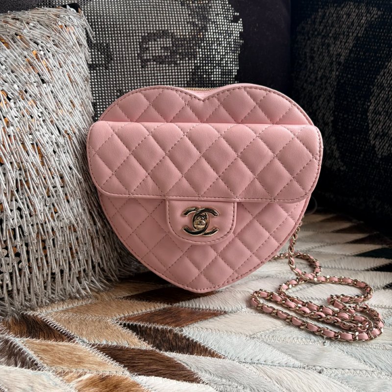 CHANEL 全皮愛心造型鏈包 粉色 晶片款-1