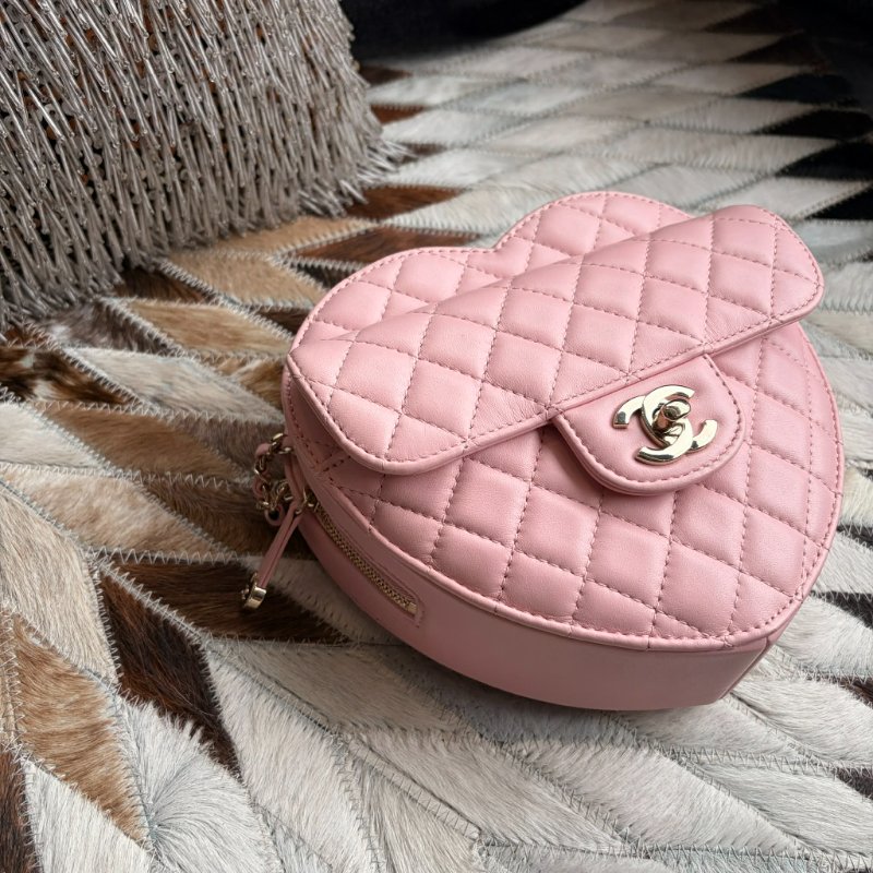 CHANEL 全皮愛心造型鏈包 粉色 晶片款-3