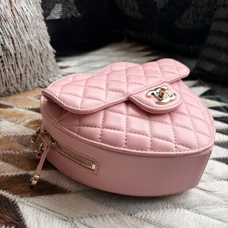 CHANEL 全皮愛心造型鏈包 粉色 晶片款-4