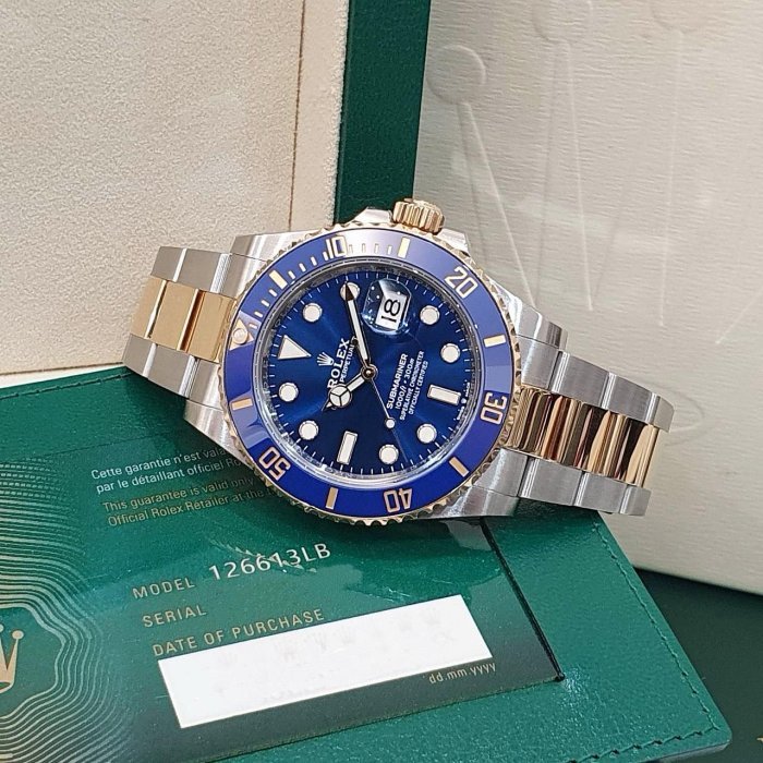 【大眾名錶】 ROLEX勞力士 126613LB Submariner 潛航者 18K半金 新款 藍水鬼 2022/02綠卡 B1215-2