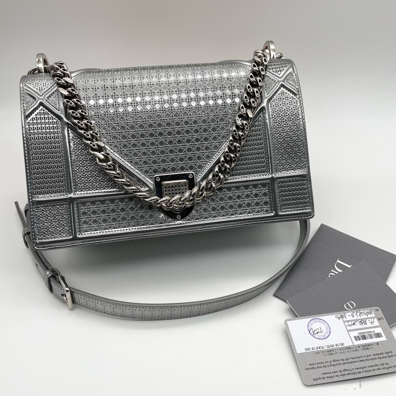 Dior迪奧 Diorrama盾牌包 鏡面銀色 中號-0