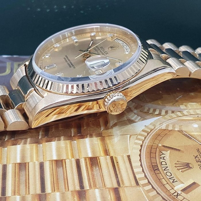 【大眾名錶】ROLEX 勞力士 18038 Day-Date 蠔式日誌 18K金 金十鑽面 錶徑36 B1156-6