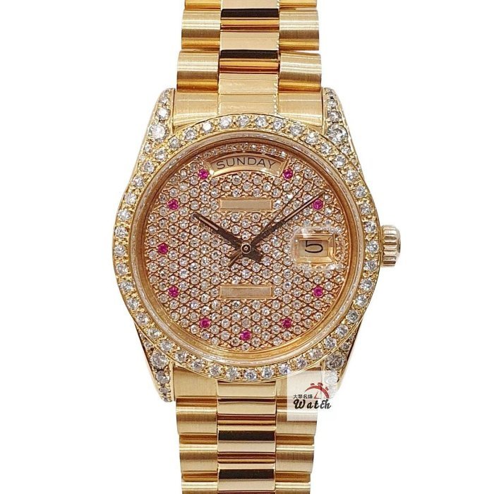 【大眾名錶】18038 後加滿天星紅寶鑽面 鑽圈鑽腳 18K金 錶徑36mm 自動上鍊 18K金材質 B1144-0