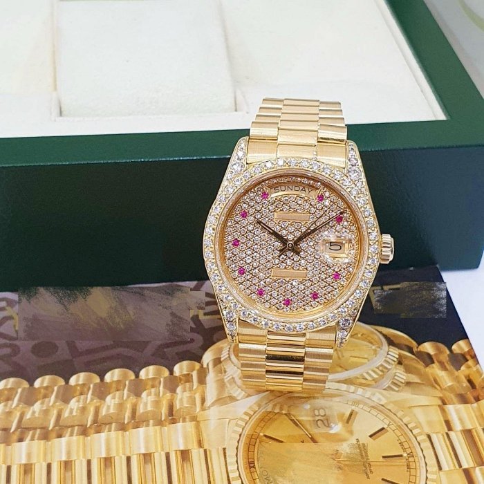【大眾名錶】18038 後加滿天星紅寶鑽面 鑽圈鑽腳 18K金 錶徑36mm 自動上鍊 18K金材質 B1144-2