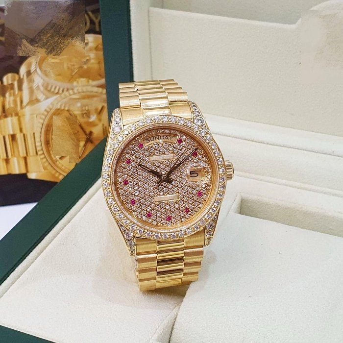 【大眾名錶】18038 後加滿天星紅寶鑽面 鑽圈鑽腳 18K金 錶徑36mm 自動上鍊 18K金材質 B1144-4