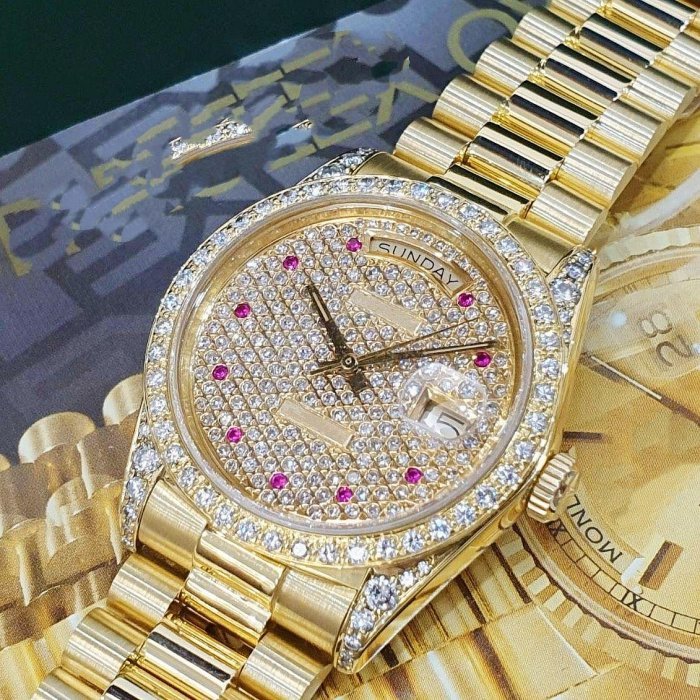 【大眾名錶】18038 後加滿天星紅寶鑽面 鑽圈鑽腳 18K金 錶徑36mm 自動上鍊 18K金材質 B1144-8