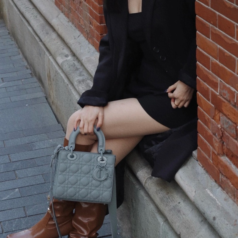 Dior迪奧 經典岩灰色 磨砂戴妃四格 手提單肩斜挎包-6