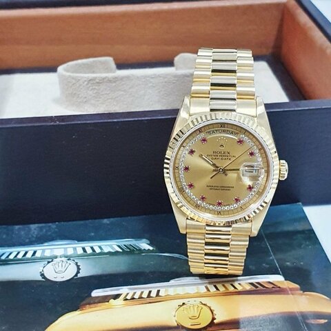 【大眾名錶】ROLEX 勞力士 18238 Day-Date 蠔式18K金 紅蟳錶 市場少見 小紅寶多層鑽面盤 B1092