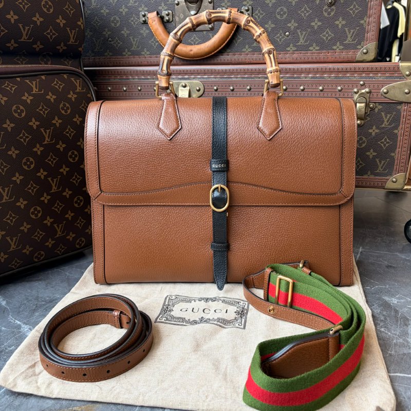 GUCCI 牛皮竹節手把兩用公事包 焦糖-0