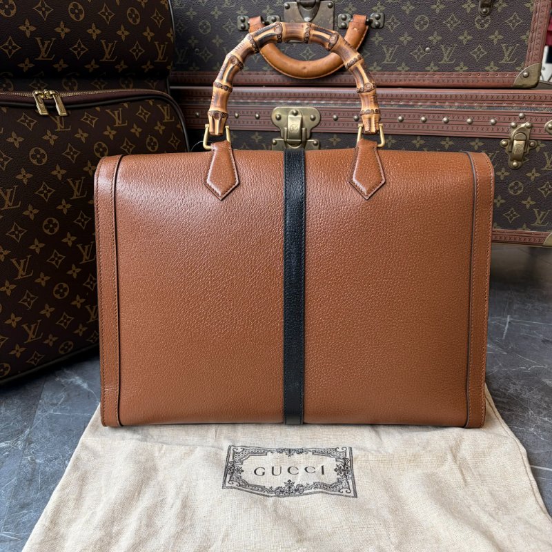 GUCCI 牛皮竹節手把兩用公事包 焦糖-1