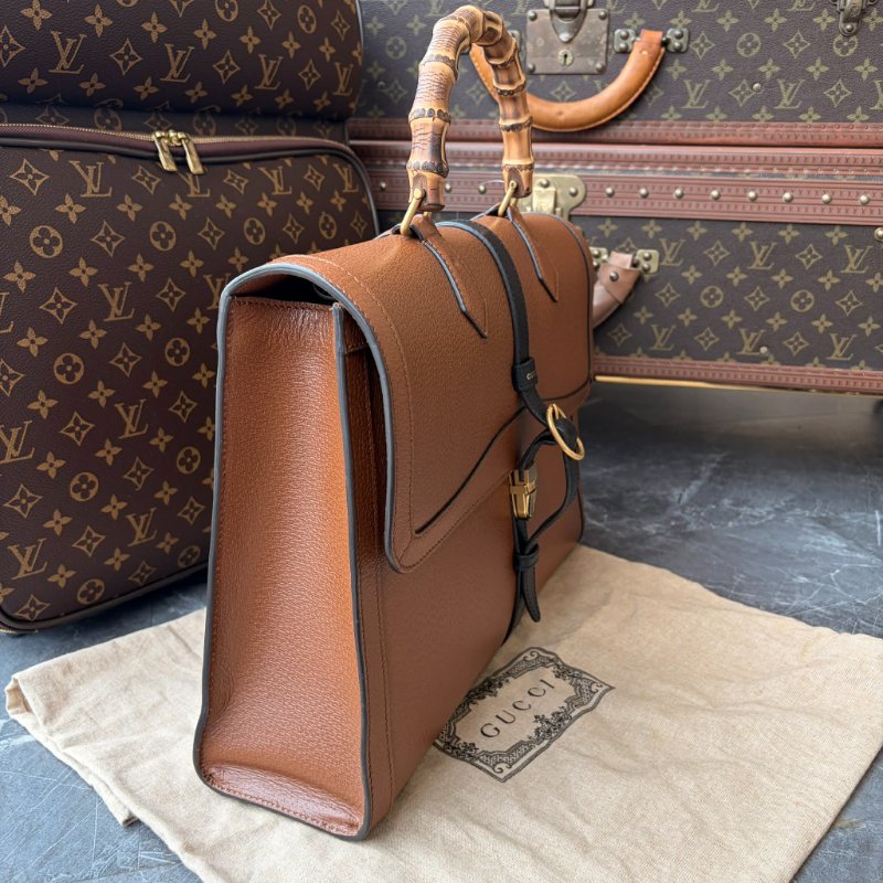 GUCCI 牛皮竹節手把兩用公事包 焦糖-2