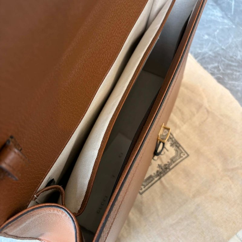 GUCCI 牛皮竹節手把兩用公事包 焦糖-4