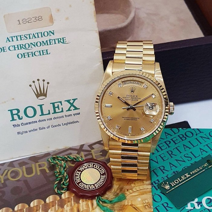 【大眾名錶】ROLEX勞力士 18238 Day-Date 18K金 6.9T鑽面 全配件 錶帶原況 大眾名錶B1063-1