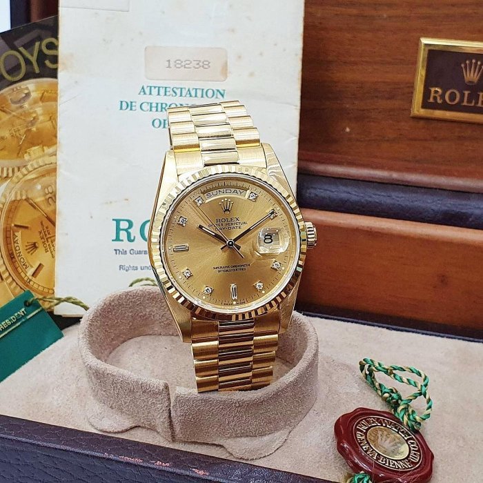 【大眾名錶】ROLEX勞力士 18238 Day-Date 18K金 6.9T鑽面 全配件 錶帶原況 大眾名錶B1063-3