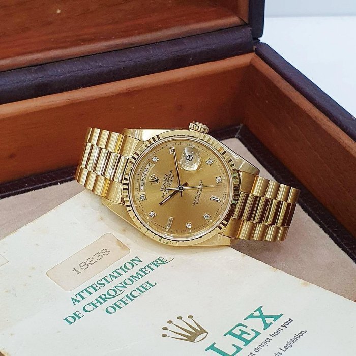 【大眾名錶】ROLEX勞力士 18238 Day-Date 18K金 6.9T鑽面 全配件 錶帶原況 大眾名錶B1063-4