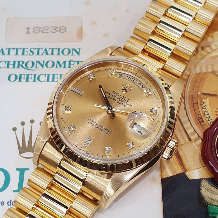 【大眾名錶】ROLEX勞力士 18238 Day-Date 18K金 6.9T鑽面 全配件 錶帶原況 大眾名錶B1063-8