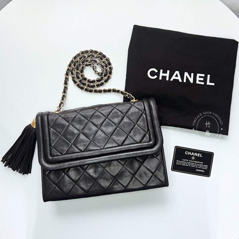 CHANEL 小羊皮 Matrasse菱格紋 鏈條 黑色 流蘇肩背包-0