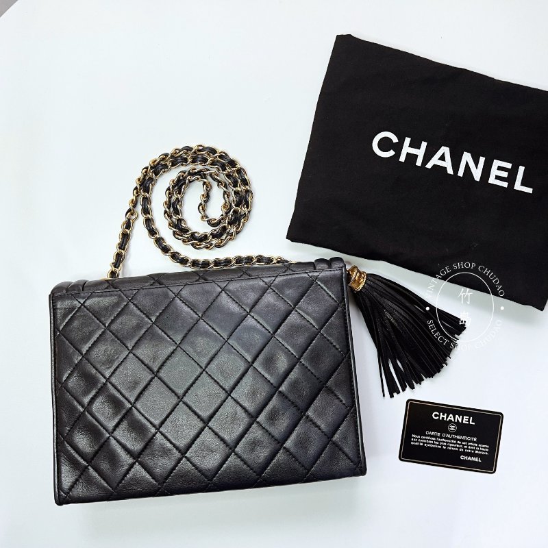 CHANEL 小羊皮 Matrasse菱格紋 鏈條 黑色 流蘇肩背包-1