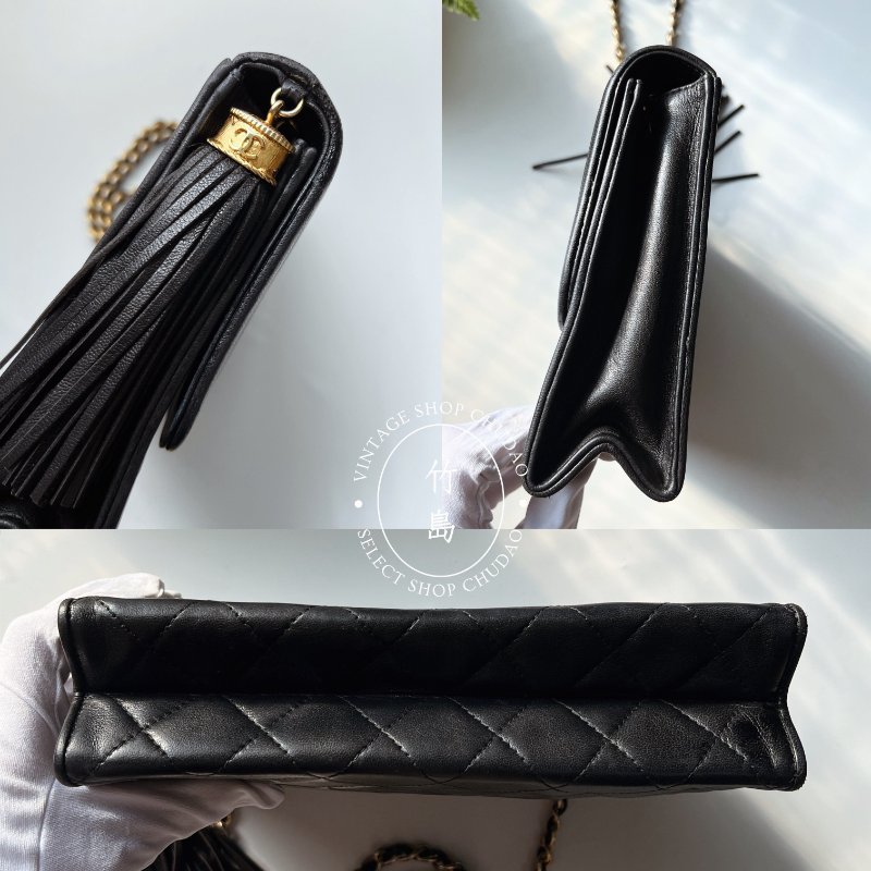 CHANEL 小羊皮 Matrasse菱格紋 鏈條 黑色 流蘇肩背包-3