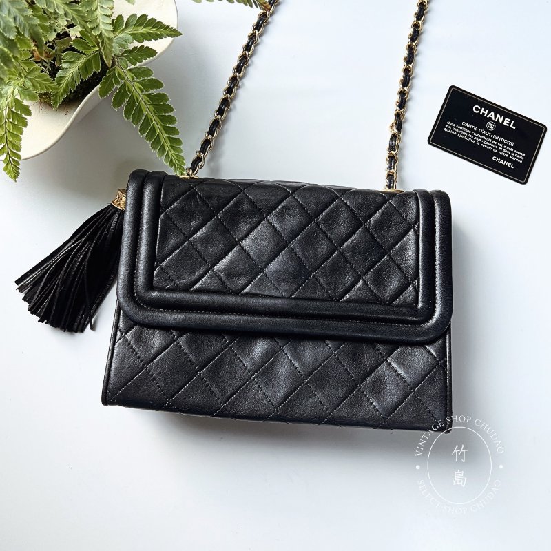 CHANEL 小羊皮 Matrasse菱格紋 鏈條 黑色 流蘇肩背包-9