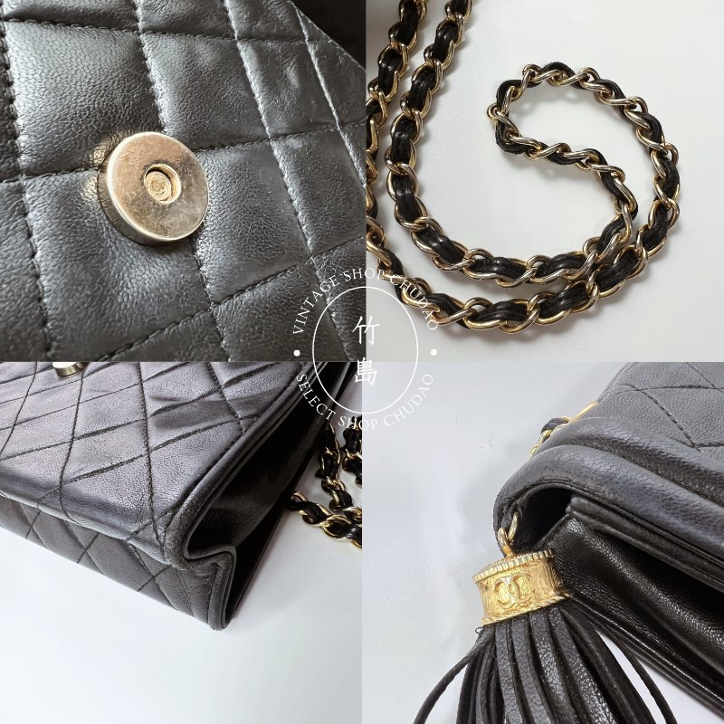 CHANEL 小羊皮 Matrasse菱格紋 鏈條 黑色 流蘇肩背包-11