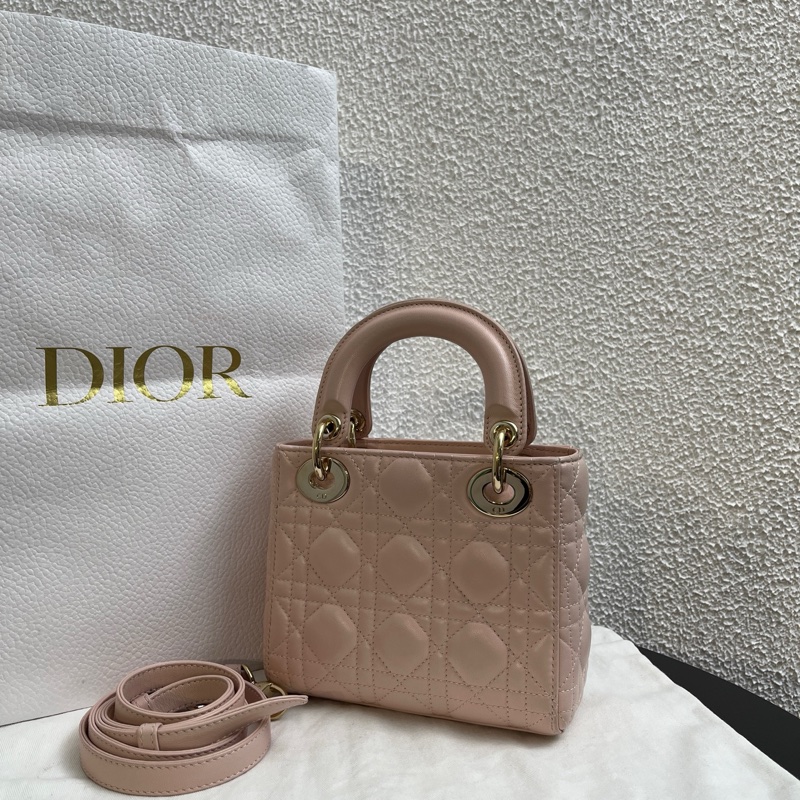 Dior迪奧裸粉色羊皮三格戴妃包-2