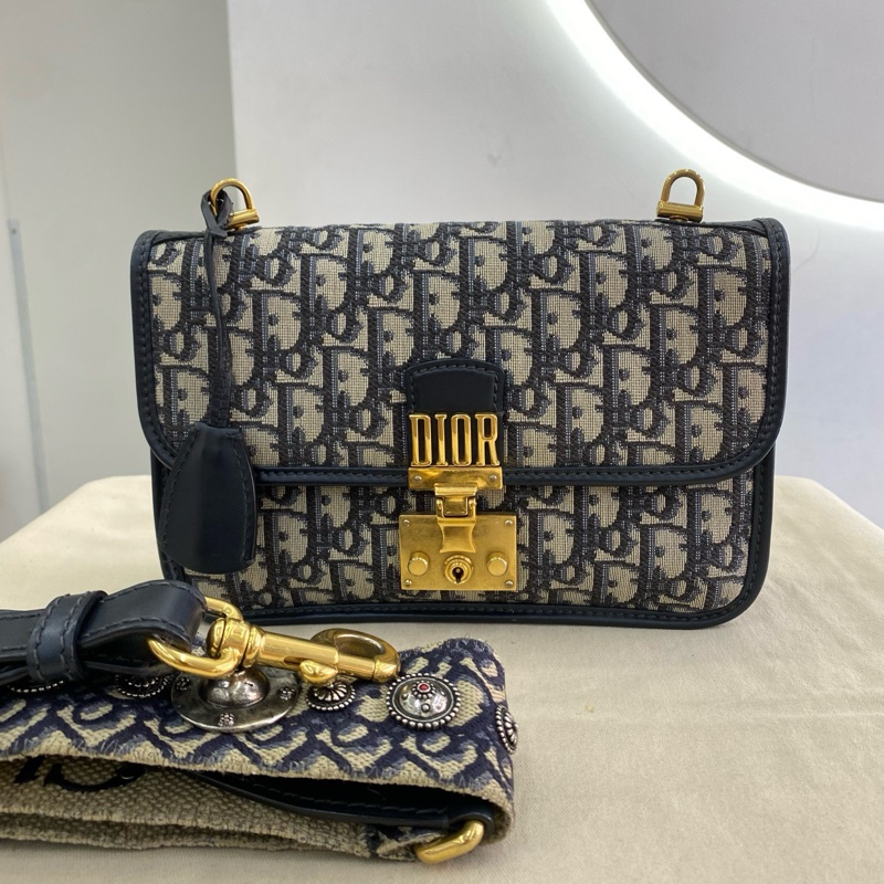 Dior迪奧addict flap系列經典帆布拼皮金扣中號 菱格鏈條包單肩斜挎包-0