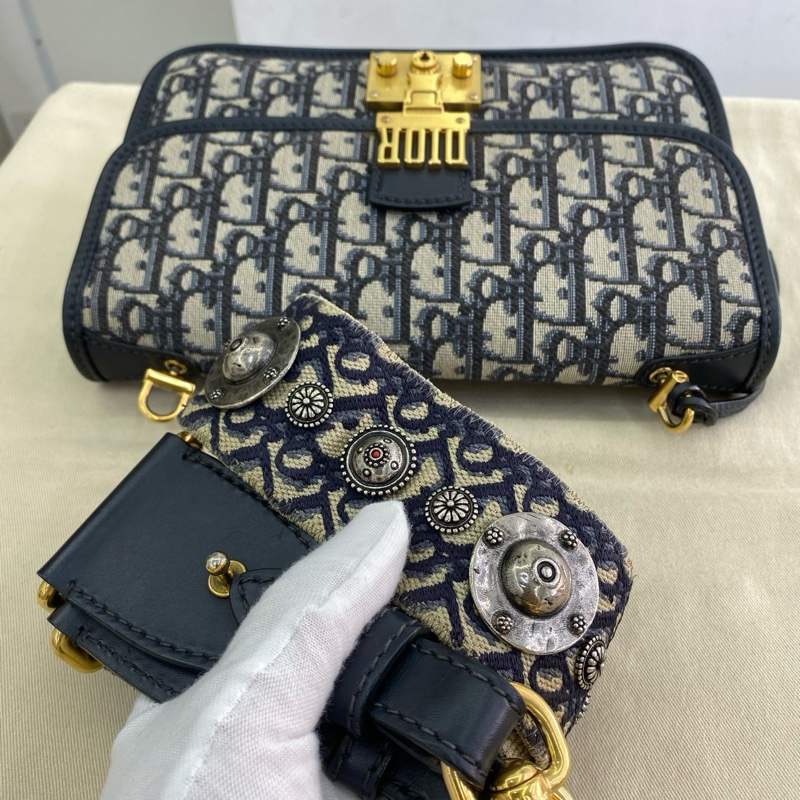 Dior迪奧addict flap系列經典帆布拼皮金扣中號 菱格鏈條包單肩斜挎包-4