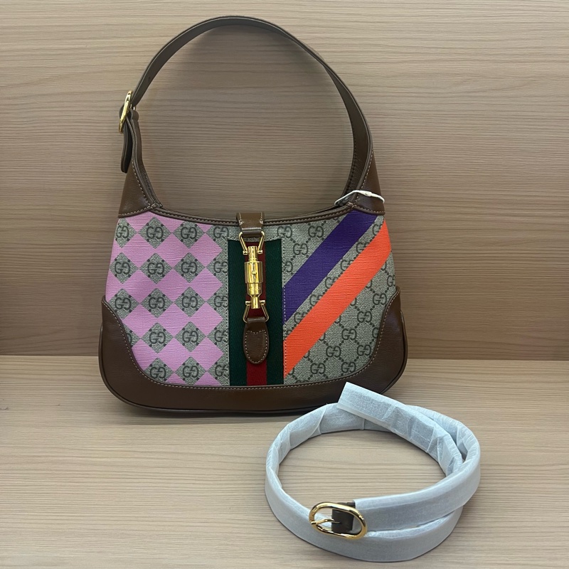 NO:273 Gucci古驰Jackie 1961限量款彩色条纹腋下包 棕色老花配彩色条纹 手提斜挎两用包-0