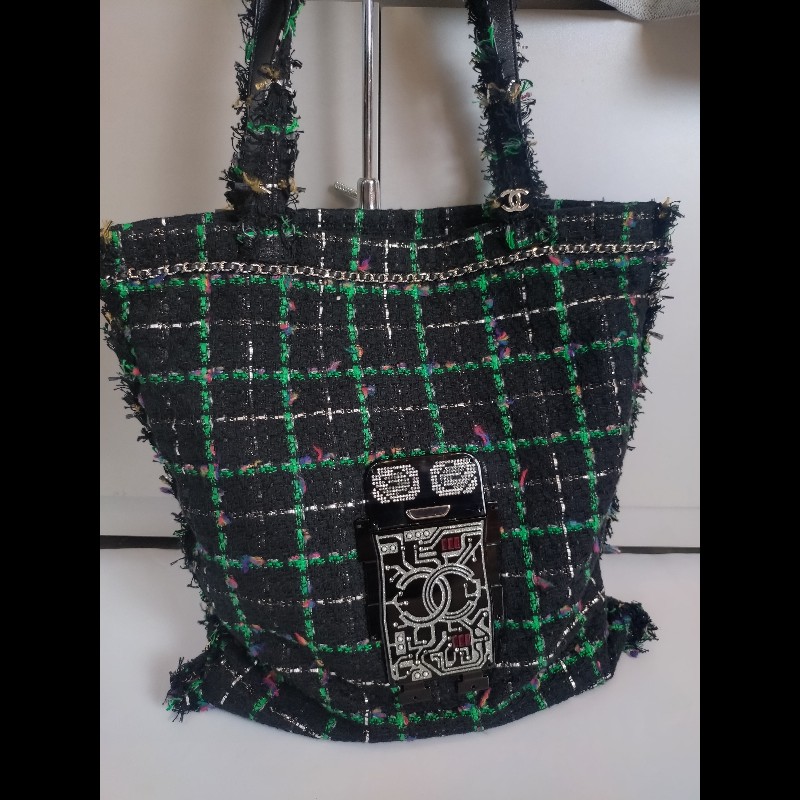 Chanel 黑綠毛呢布機器人水鑽直式托特包-5
