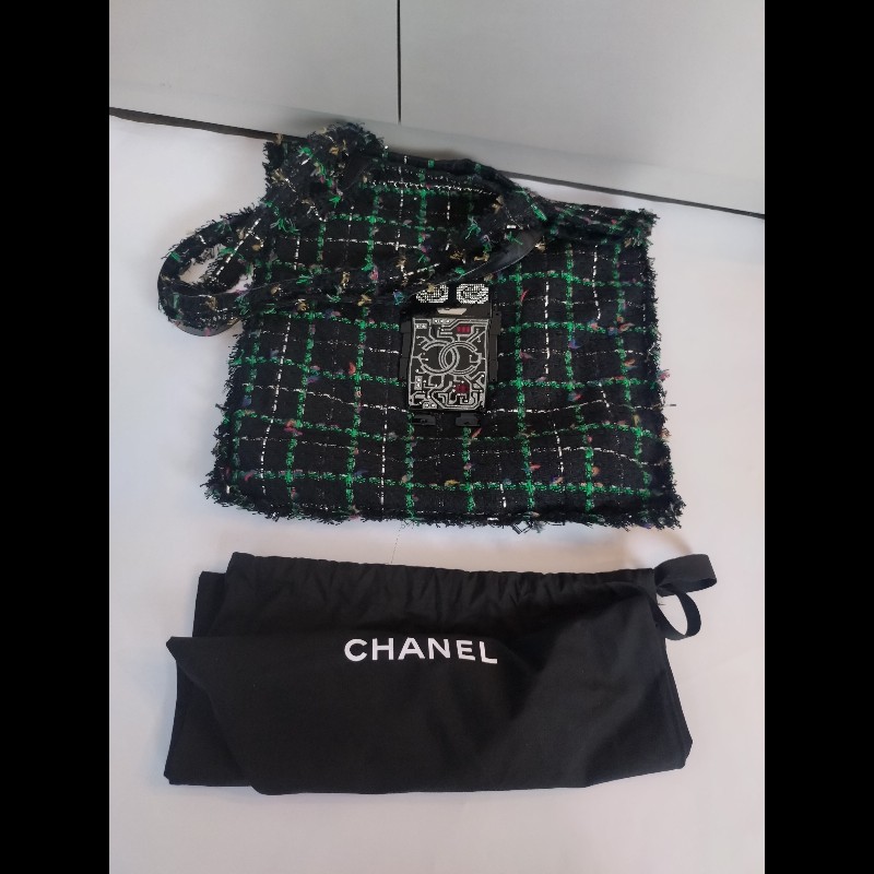 Chanel 黑綠毛呢布機器人水鑽直式托特包-6