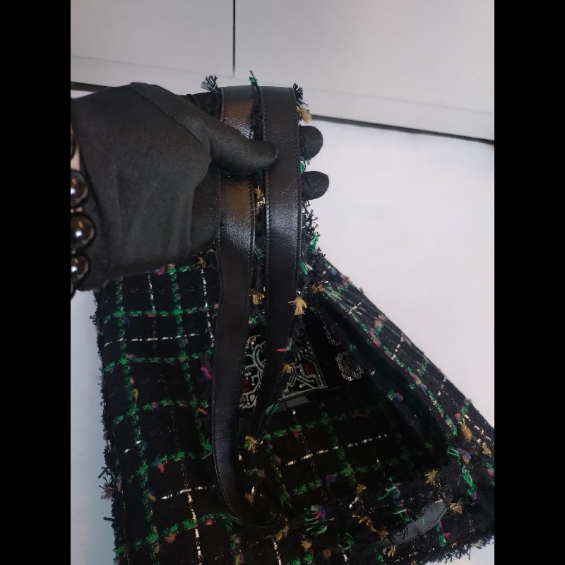 Chanel 黑綠毛呢布機器人水鑽直式托特包-10