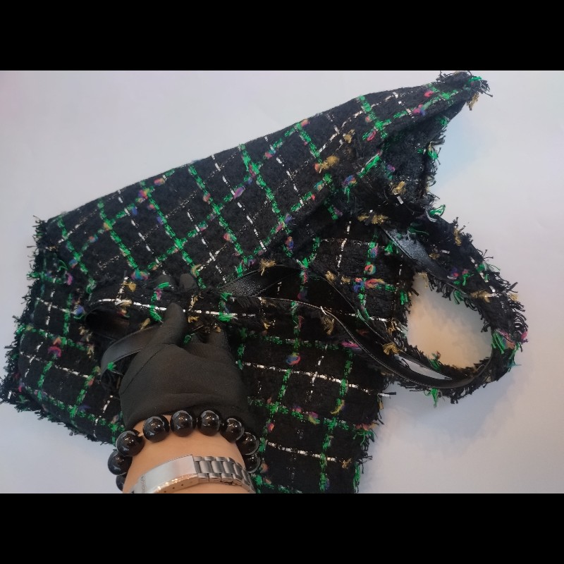 Chanel 黑綠毛呢布機器人水鑽直式托特包-13