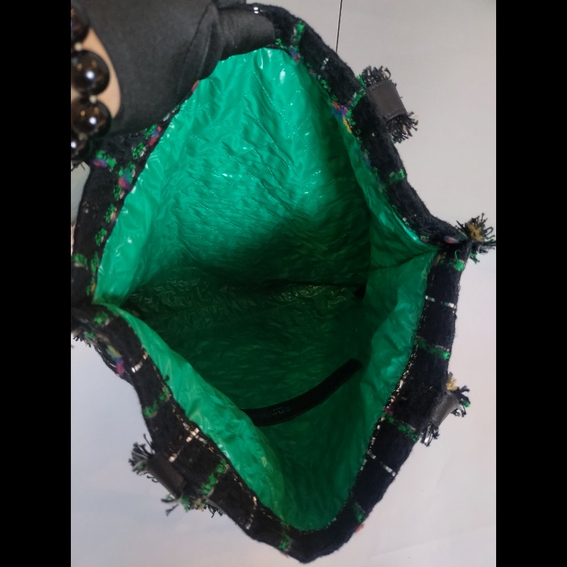 Chanel 黑綠毛呢布機器人水鑽直式托特包-15