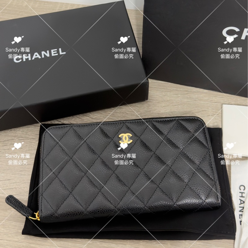 全新存放 香奈兒 CF 黑金荔枝 長夾 全新全配-10