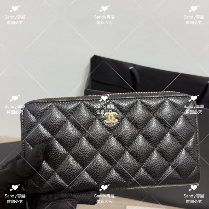 全新存放 香奈兒 CF 黑金荔枝 長夾 全新全配-46