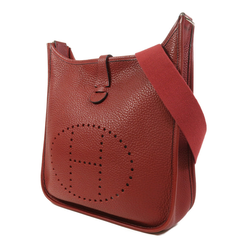 HERMES Clemence皮革Evelyne PM銀扣肩背袋Rouge H-2