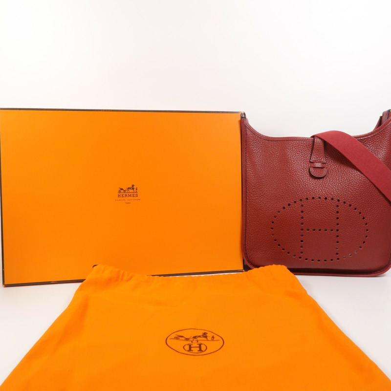 HERMES Clemence皮革Evelyne PM銀扣肩背袋Rouge H-9