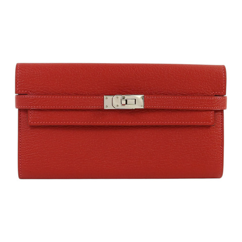 HERMES Chevre皮革Kelly Wallet銀扣長錢包Rouge Vif