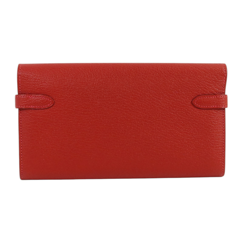 HERMES Chevre皮革Kelly Wallet銀扣長錢包Rouge Vif-1