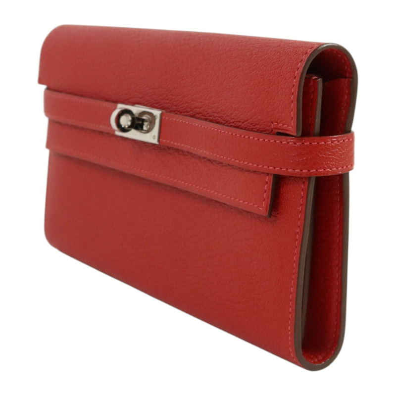 HERMES Chevre皮革Kelly Wallet銀扣長錢包Rouge Vif-2