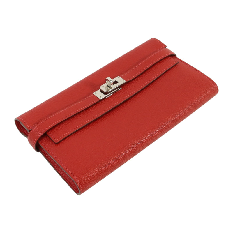HERMES Chevre皮革Kelly Wallet銀扣長錢包Rouge Vif-3