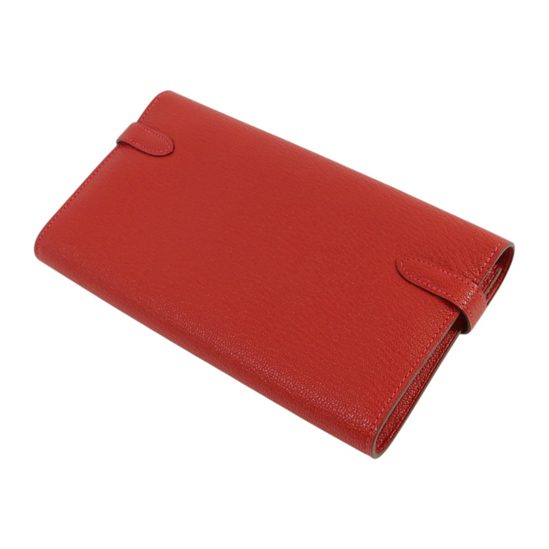HERMES Chevre皮革Kelly Wallet銀扣長錢包Rouge Vif-4