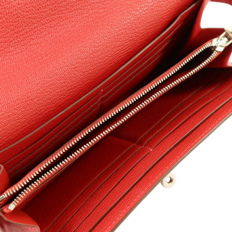 HERMES Chevre皮革Kelly Wallet銀扣長錢包Rouge Vif-5