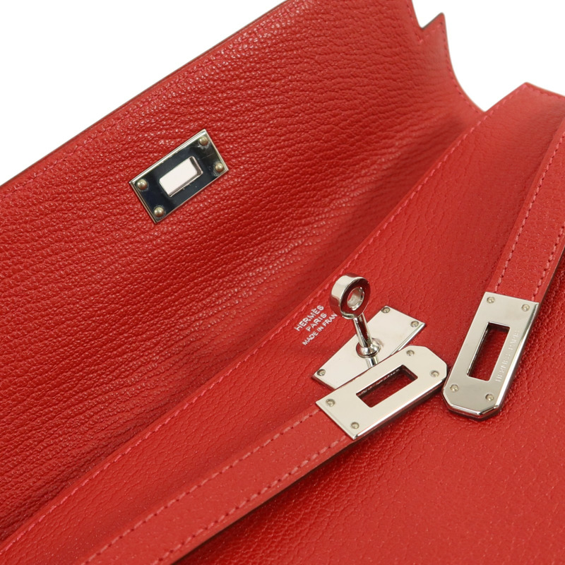 HERMES Chevre皮革Kelly Wallet銀扣長錢包Rouge Vif-8