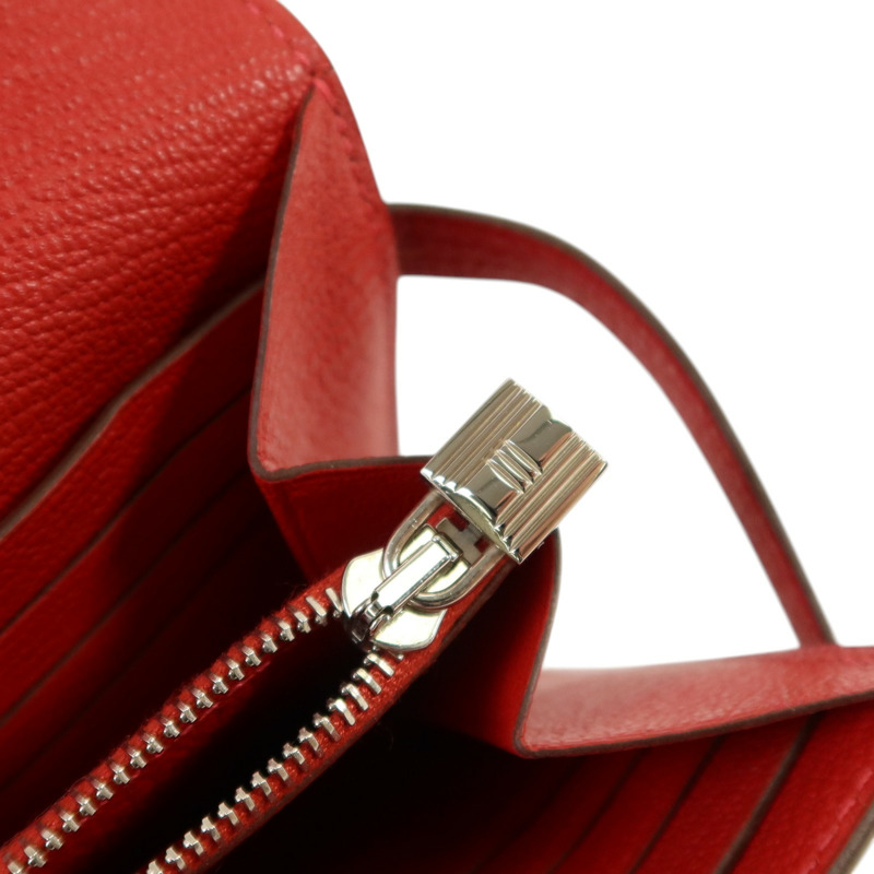 HERMES Chevre皮革Kelly Wallet銀扣長錢包Rouge Vif-9